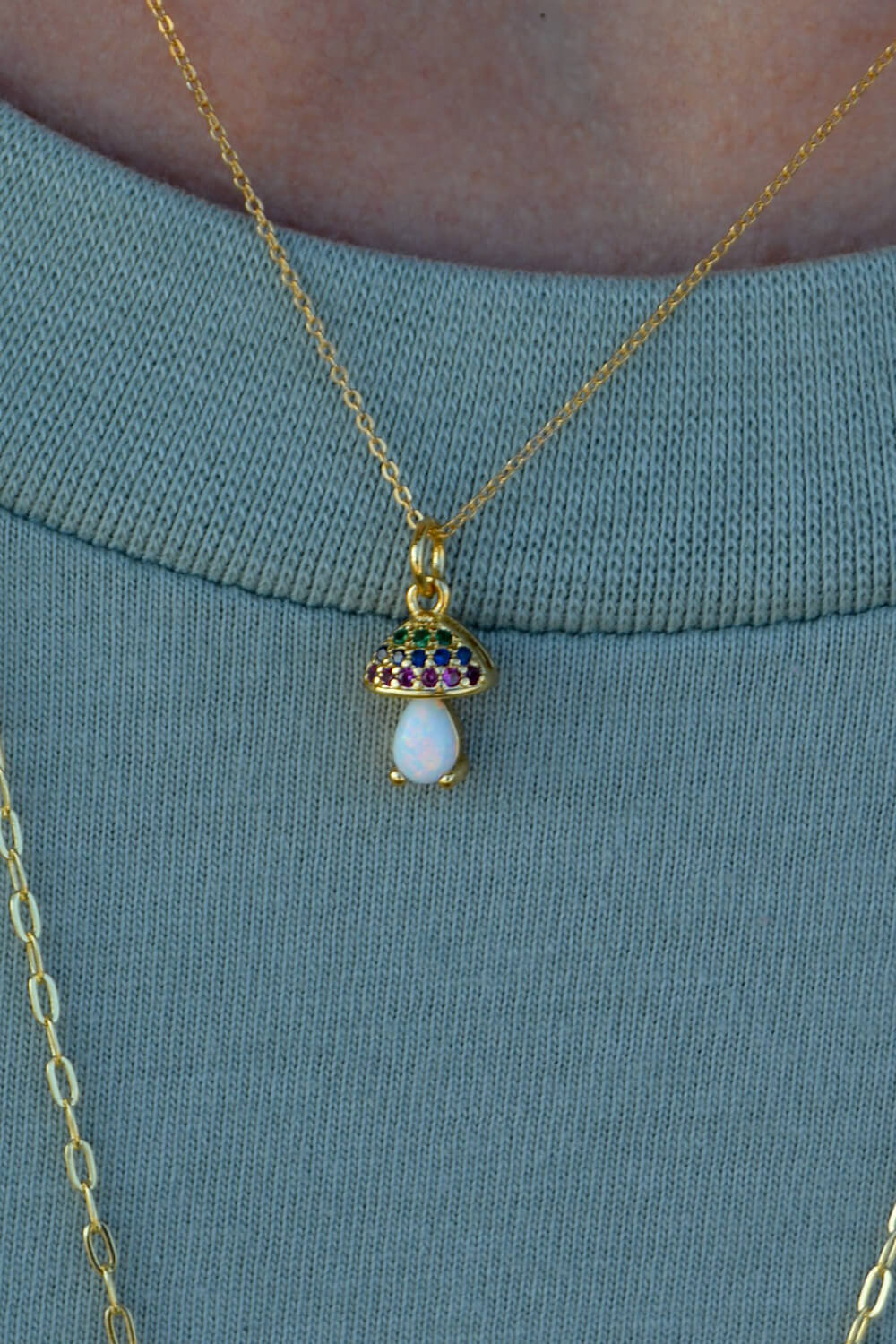 mini mushroom necklace - gold pavé white opal