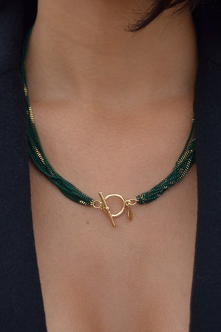 enamel toggle necklace - gold hunter green