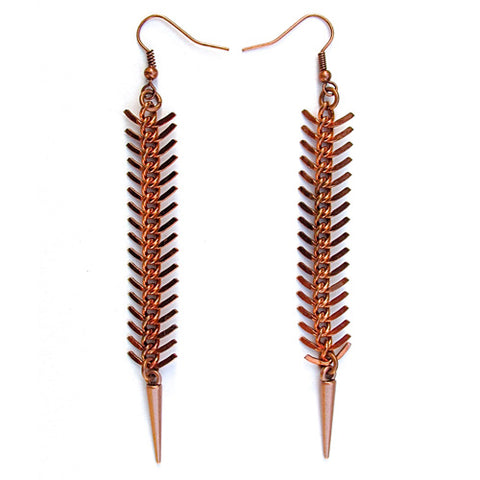 fishbone earrings - tarnished copper