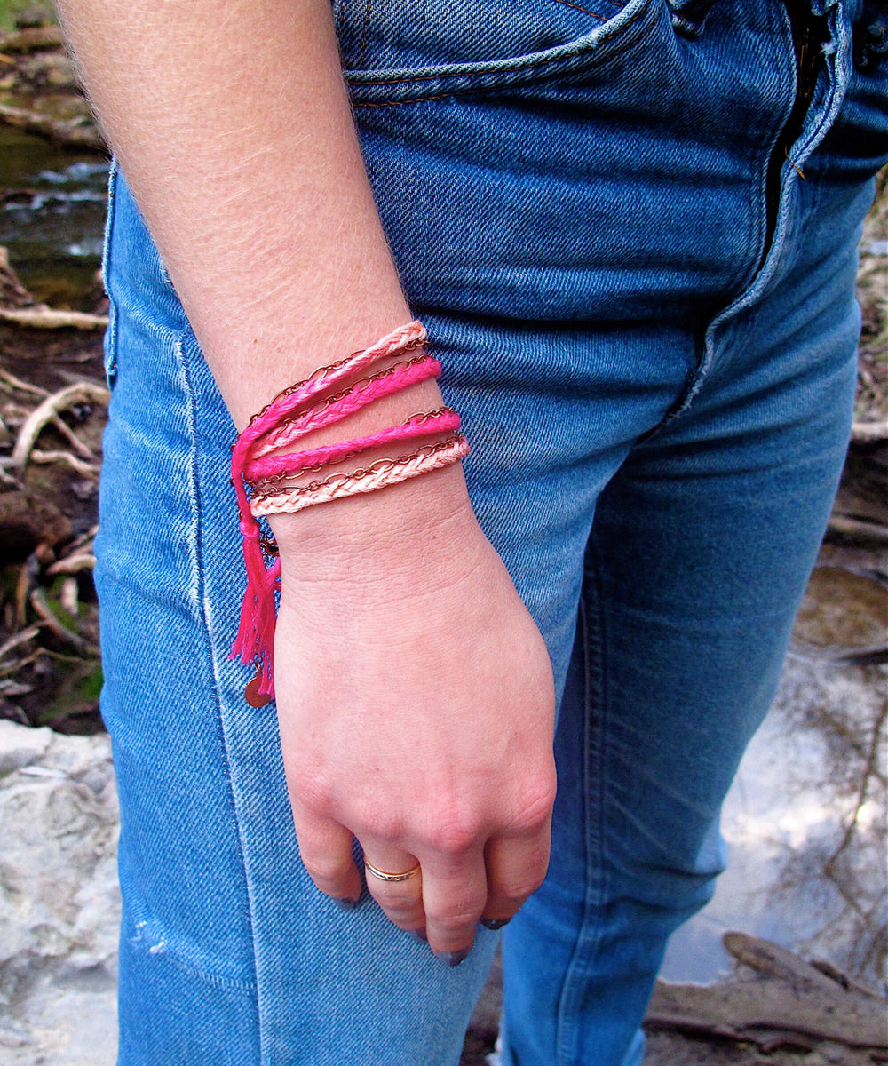 braided wrap bracelet - pink dip dyed