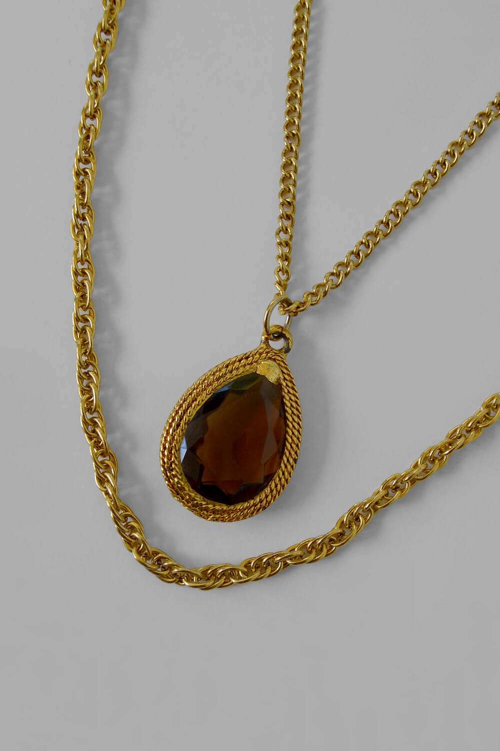 vintage multi gold chain pendant necklace - smokey quartz