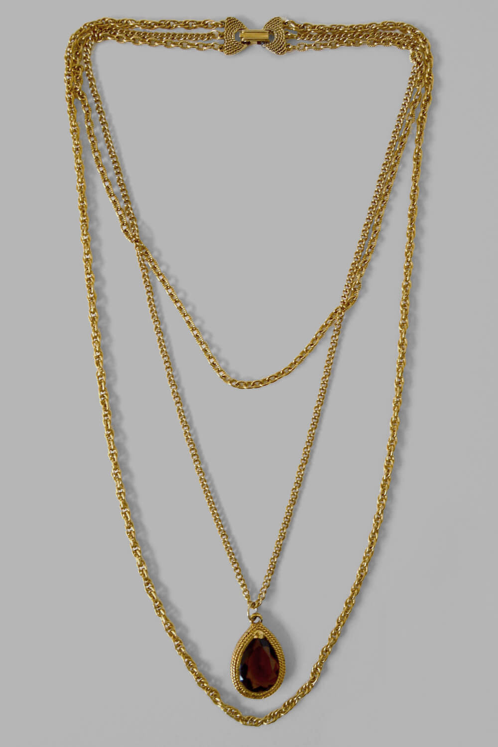 vintage multi gold chain pendant necklace - smokey quartz