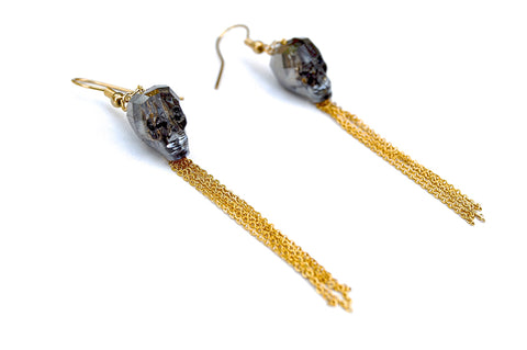 crystal skull earrings - gold black