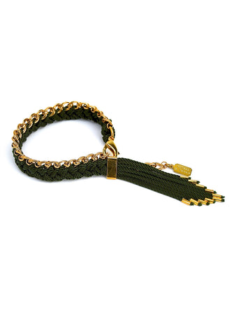 fringe bracelet - gold hunter green